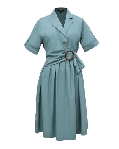 Smart and Joy Shirt Dress With Asymmetric Belt Panel - Blue