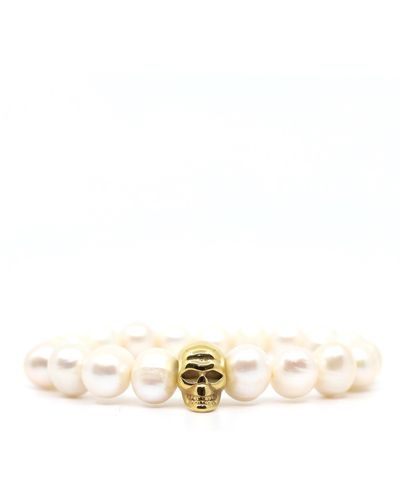 Shar Oke Gold Stainless Steel Skull & Freshwater Pearl Beaded Bracelet - Metallic