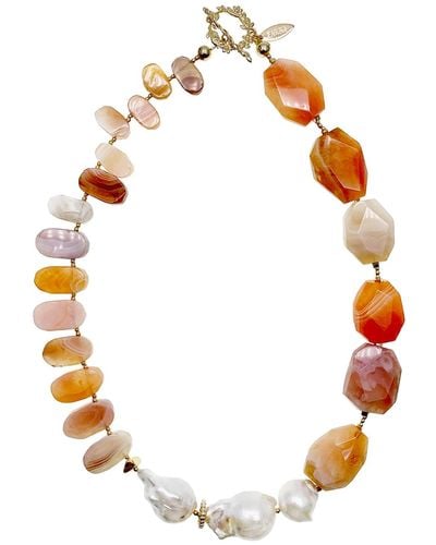 Farra Orange Agate With Baroque Pearls Statement Chunky Necklace - Metallic