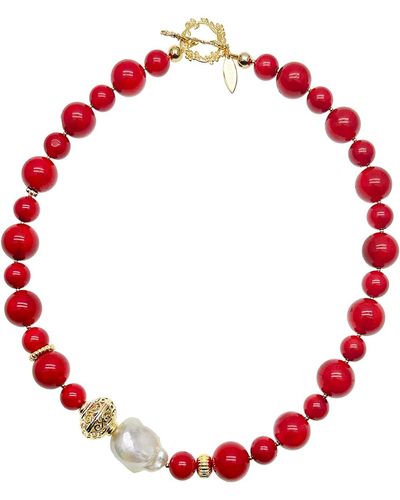 Farra Coral With Baroque Pearl Statement Necklace - Red