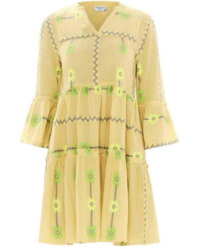 Haris Cotton Cami Embroidered Cotton Dress With Bell Sleeves And Hem Yellow- Green