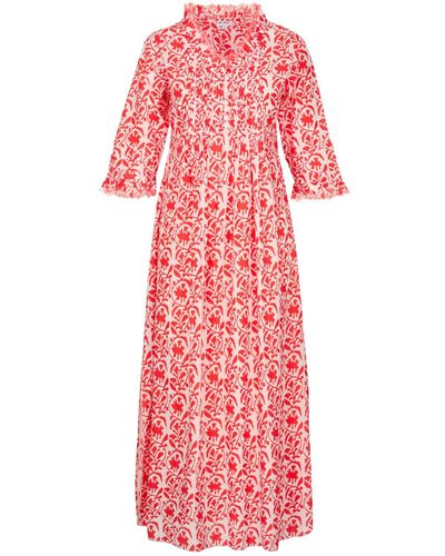 At Last Cotton Annabel Maxi Dress In White With Orange Trellis - Red