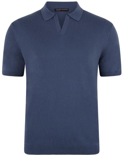 Paul James Knitwear S Ultra Fine Cotton Nathan Buttonless Polo Shirt - Blue