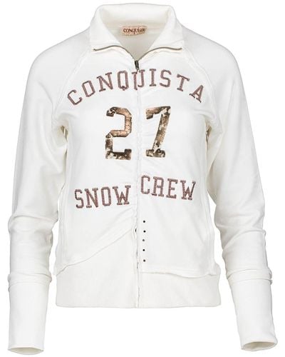 Conquista Neutrals Long Sleeve Ecru Cardigan With Print & Embroidery Detail - White