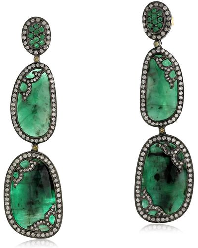 Artisan Gold Diamond Emerald Dangle Earrings Sterling Silver - Green