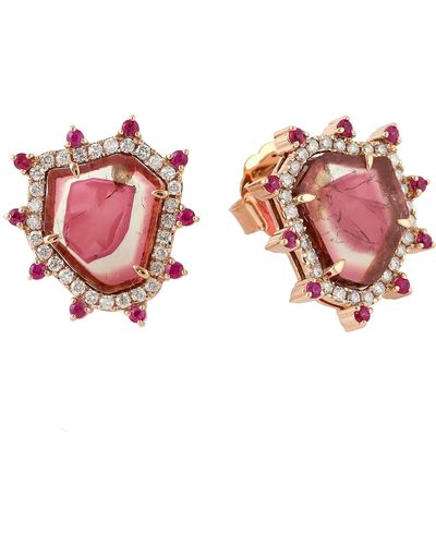 Artisan 18k Solid Rose Gold Melon Tourmaline Ruby Diamond Stud Earrings Gemstone Jewelry - Pink