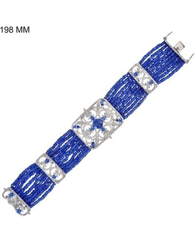 Artisan 9 Line Tanzanite With Pave Diamond In 18k White Gold & Silver Clasp Spacer Beads Bracelet - Blue