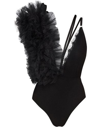 LIA ARAM Lace Asymmetric Ruffled Bodysuit - Black