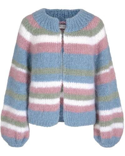 tirillm Soy Hand Knitted Chunky Mohair Cardigan Frosty Stripes - Blue