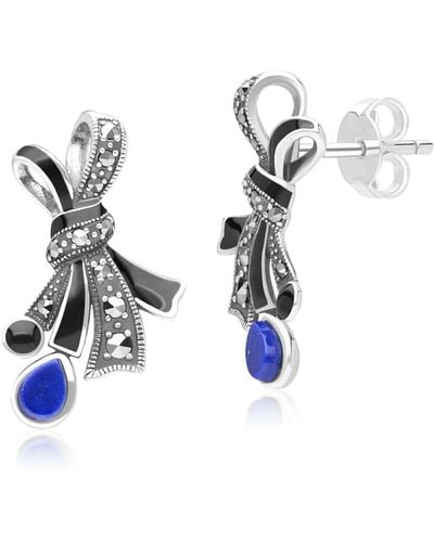 Gemondo Art Nouveau Style Marcasite, Lapis Lazuli & Black Enamel Ribbon Bow Stud Earrings In Sterling Silver - White