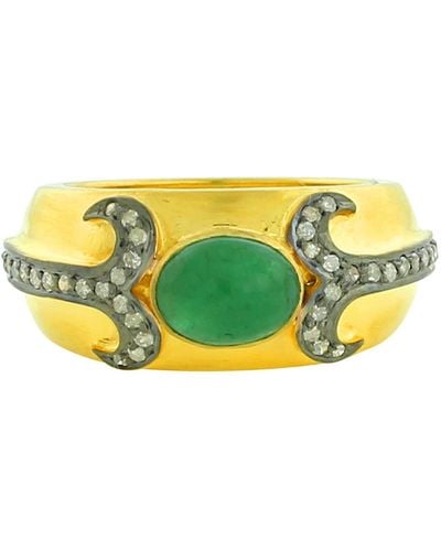 Artisan Natural Emerald Pave Diamond 18k Yellow Gold Designer Band Ring Jewelry