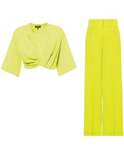 BLUZAT Neon Green Matching Set With Cropped Shirt And Staight Trousers - Yellow