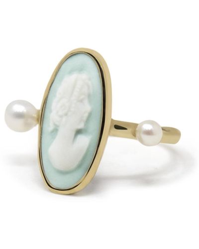 Vintouch Italy Medea Gold-plated Green Cameo And Pearl Ring - Metallic
