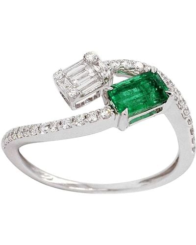 Artisan Natural Baguette Emerald & Diamond In 18k White Gold Designer Bypass Ring - Green