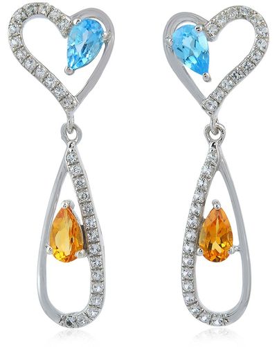 Artisan Natural Diamond Citrine Topaz Dangle Earrings 18k White Gold Jewelry - Multicolor