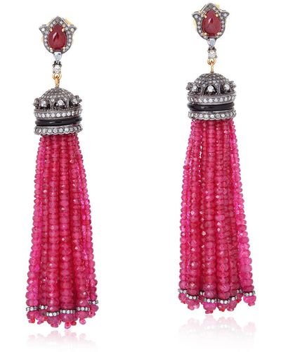 Artisan Ruby Onyx Diamond 18k Gold 925 Sterling Silver Tassel Earrings Jewelry - Pink