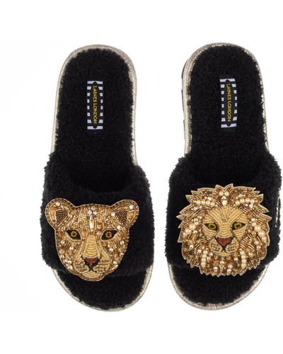 Laines London Teddy Towelling Slipper Sliders With Golden Lion & Lioness Brooches - Black