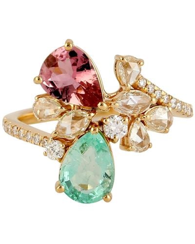 Artisan Rose Cut Diamond Pear Shape Emerald Tourmaline Cocktail Rings - Metallic