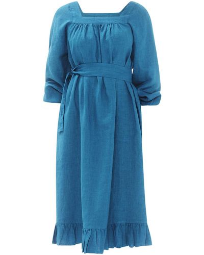 Haris Cotton Ruffle Trim Tie Linen Dress With Ruffle - Blue