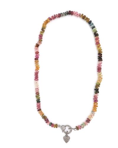 Shar Oke Tourmaline & Diamond Heart Silk Knotted Beaded Necklace - Multicolour