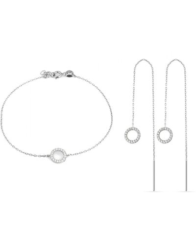 Spero London Circle Bracelet & Circle Drop Earring Set In Sterling - White
