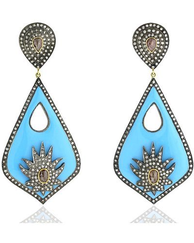 Artisan Solid 18k Gold & 925 Silver In Pave Diamond Enamel Designer Dangler Earrings - Blue