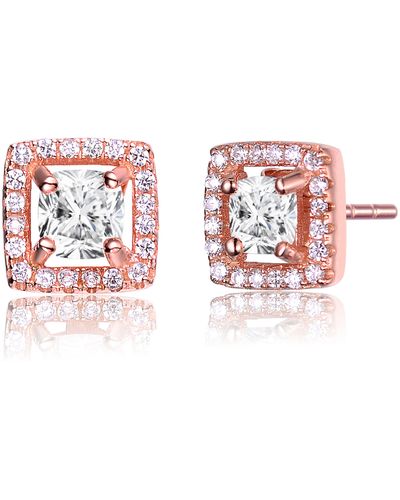 Genevive Jewelry Sterling Silver Rose Gold Plated Cubic Zirconia Square Halo Stud Earrings - Red