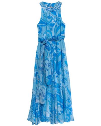 Niza Long Halter Dress With Round Neck - Blue
