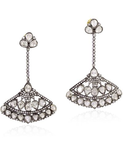 Artisan Natural Diamond Dangle Earrings 925 Silver 18k Yellow Gold Jewelry - Metallic