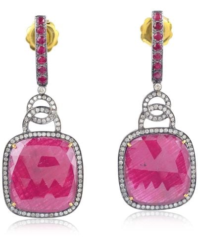 Artisan 18k Solid Gold & 925 Silver In Cushion Cut Ruby Pave Diamond Lock Design Dangle Earrings - Pink