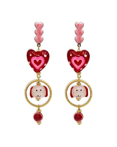 Midnight Foxes Studio Dogs In Love Gold Earrings - Red