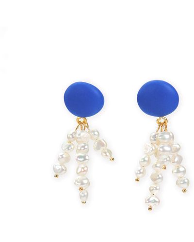 By Chavelli Pearl Tassel Dangly Earrings In - Blue