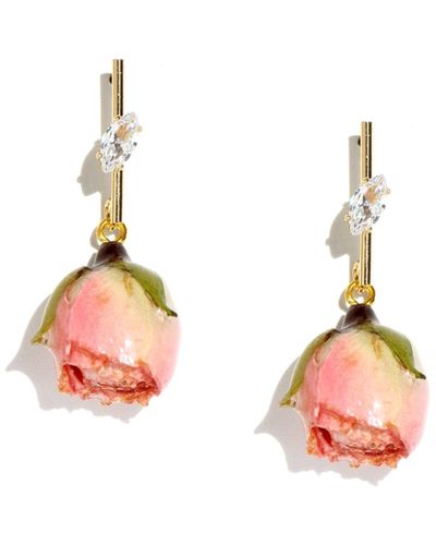 I'MMANY LONDON Real Flower Rosa Brillante Rosebud Drop Earrings With Golden Stem & Crystal - Pink