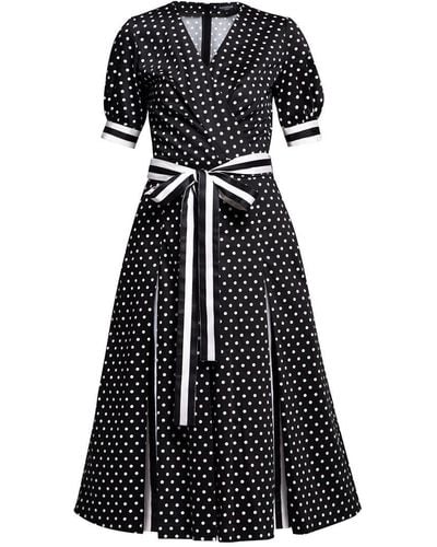 Rumour London Jennifer Flared Cotton Dress With Slits In Polka Dots & Stripes - Black