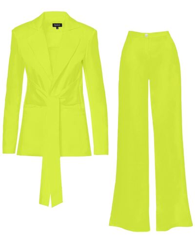 BLUZAT Neon Suit With Blazer With Scarves And Wide Leg Pants - Yellow