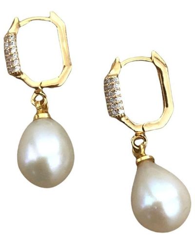 EUNOIA Jewels Luna huggies 18k Gold Plated Freshwater Pearls Drop & Dangle Sparkling Cubic Zirconia - Metallic