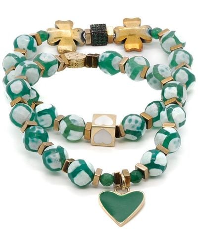 Ebru Jewelry Clover Leaf Green Heart Beaded Bracelet Set
