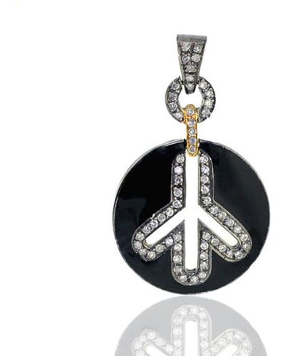 Artisan 18k Gold & 925 Silver In Pave Diamond Peace Sign Symbol Enamel Charm Pendant - Black