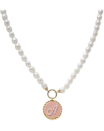 Vintouch Italy Gold Vermeil Initial Pink Cameo And Pearl Necklace - Metallic