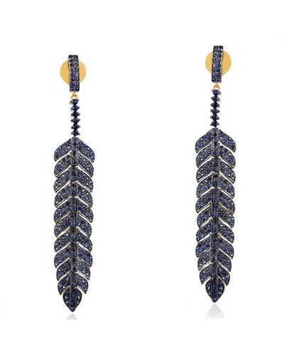Artisan 14k Gold & 925 Sterling Silver In Blue Sapphire Feather Dangle Earrings Handmade Jewellery