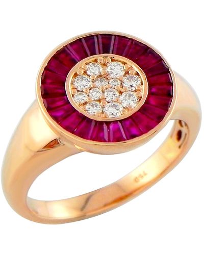 Artisan 18k Yellow Solid Gold In Natural Baguette Ruby & Diamond Luxury Cocktail Ring - Pink