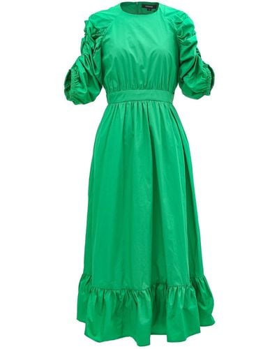 Smart and Joy Trapeze Dress With Puffed Sleeves - Green