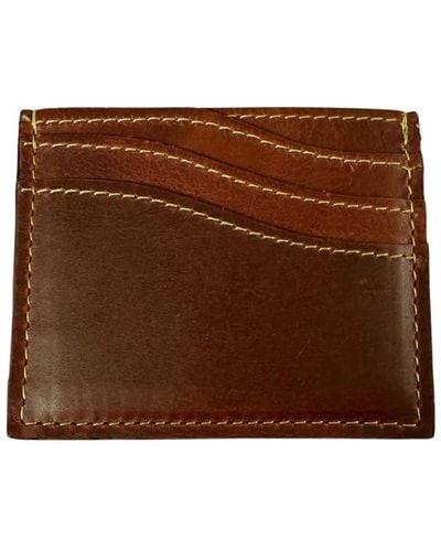 VIDA VIDA Wave Tan Leather Card Holder With Yellow Stitch - Brown