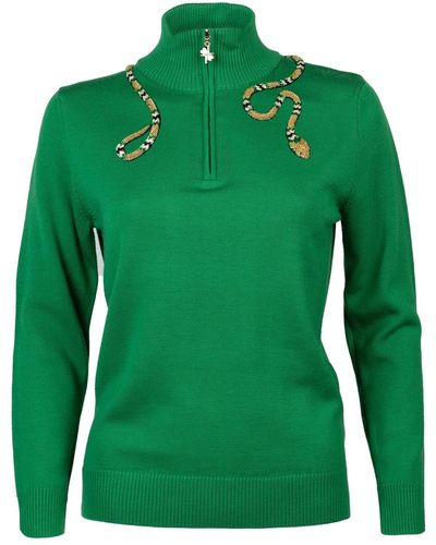 Laines London Laines Couture Quarter Zip Sweater With Embellished & Gold Wrap Snake - Green