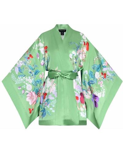 Meng Paris Watercolour Flowers Silk Satin Short Kimono - Green