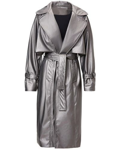 BLUZAT Metallic Leather Raglan Sleeve Trench Coat With Belt - Grey