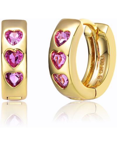 Genevive Jewelry Young Adults-teens Yellow Gold Plated With Heart Pink Cubic Zirconia Triple Stone Round Hoop Earrings - Metallic