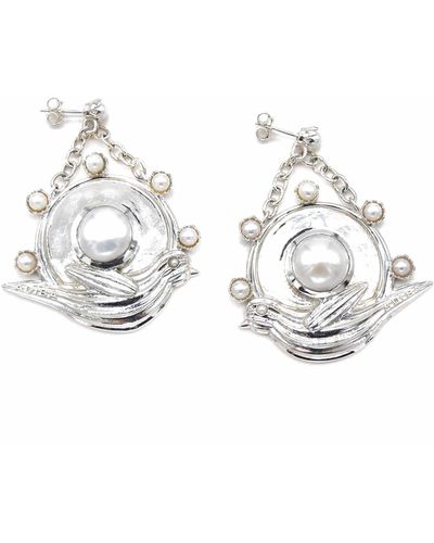 ADIBA Silver Robin Pearls Earrings - Metallic
