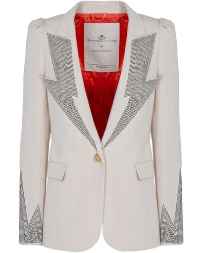The Extreme Collection Fitted Single Breasted Puff Sleeves Ecru Cotton Blazer With Strass Hikaru Ecru - White