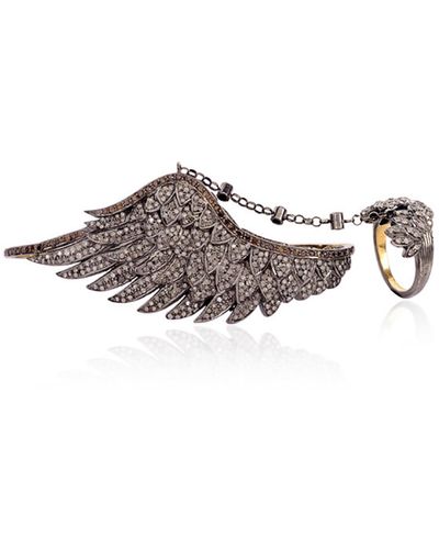 Artisan Wing Connector Ring & Palm Bracelet With Pave Diamond In 18k Gold And 925 Silver - Brown